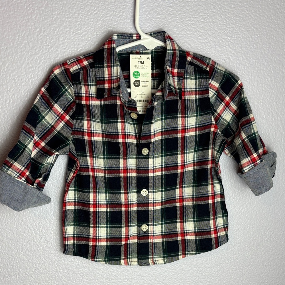 NWT OshKosh B'gosh Plaid Button Down Shirt - Red, Navy Blue, and White